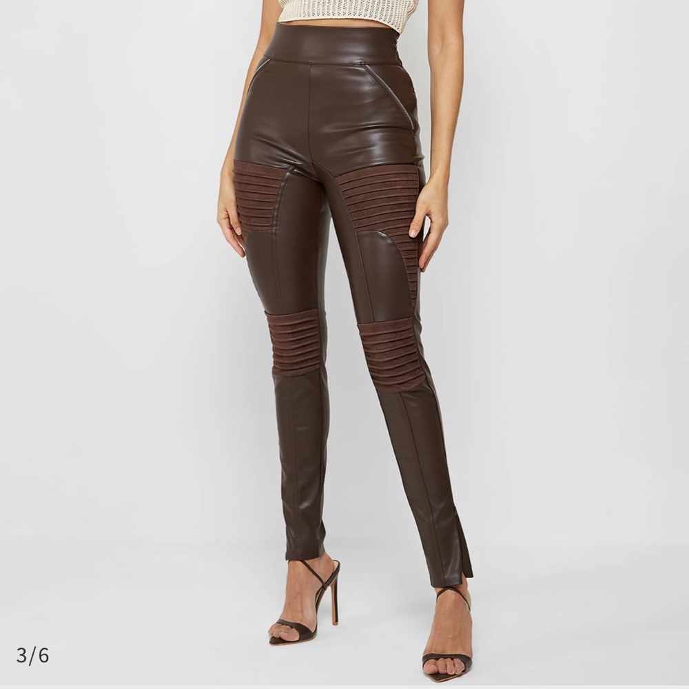 MANIERE DE VOIR - VEGAN LEATHER & SUEDE RIBBED LEGGING - CHOCOLATE BROWN